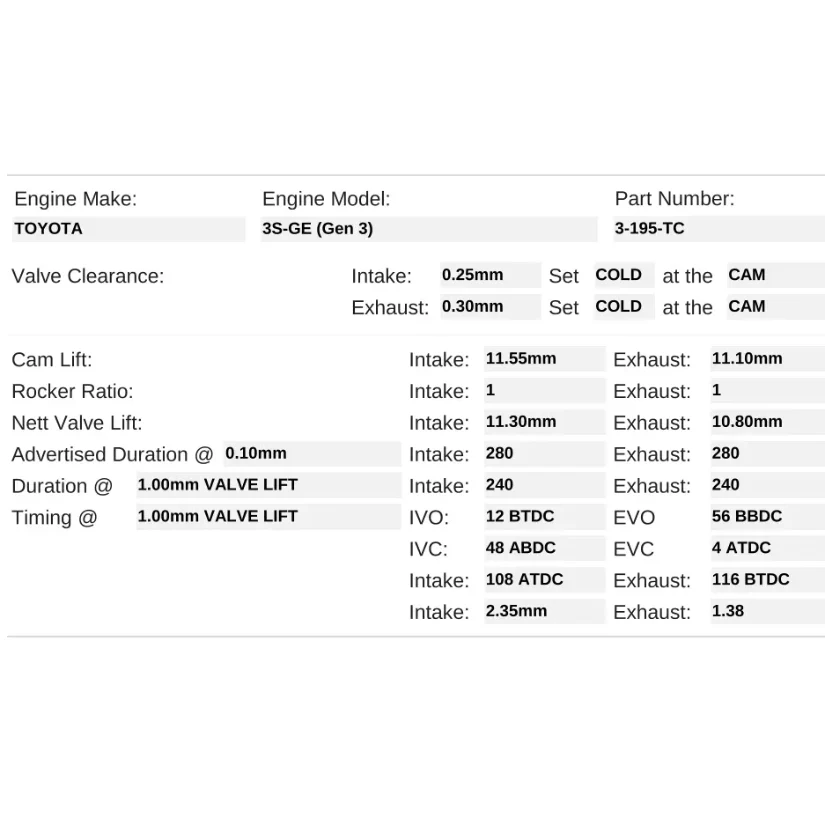 Kelford Cams 280/280 Performance Race/Drag Cams Toyota 3S-GE Gen 3 Shim Under Bucket Turbo - Image 2